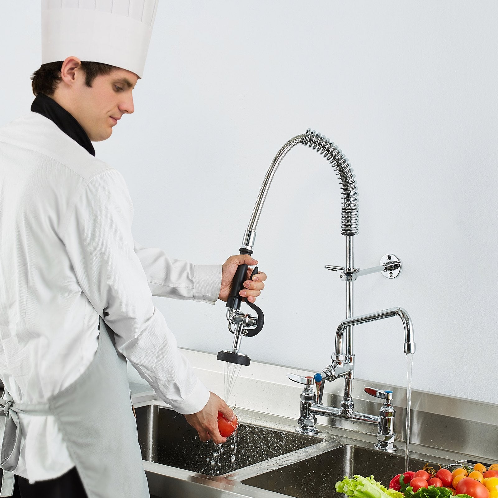 Commercial Faucet with Pre-Rinse Sprayer, 26" Height, 8" Center, 12" Swing Spout, Deck Mount Kitchen Sink Faucet, Brass Constructed Device with Pull Down Spray, for 1/2/3 Compartment Sink - Image 8