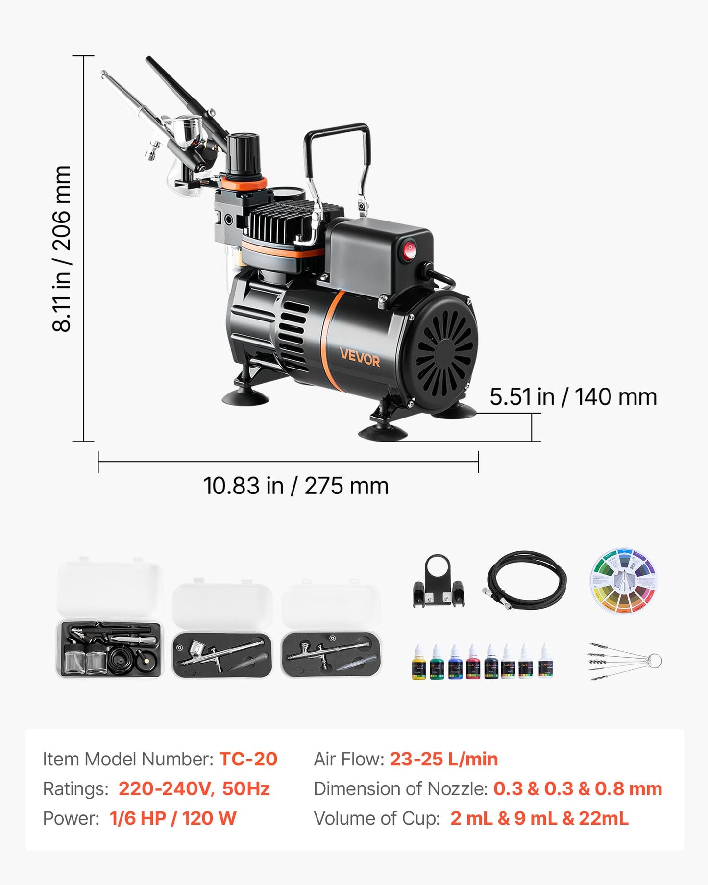 Airbrush Kit, 1/6 HP, Air Brush Kit with Air Compressor, 3 Dual-Action Professional Airbrushes with 3 Tips, Hose, Acrylic Paint, 2 Fans, Low Noise, for Cake Decorating, Model Painting, Nail Art - Image 7
