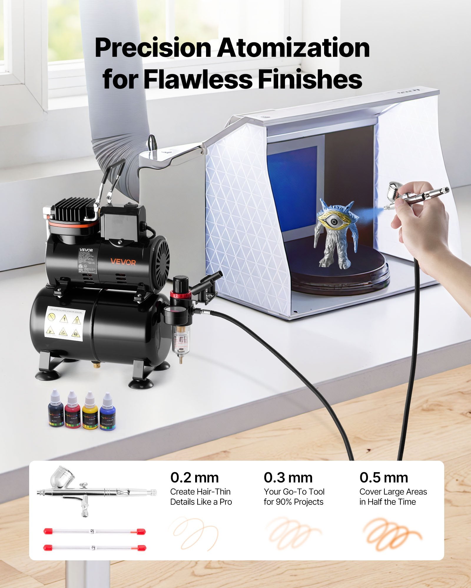 Airbrush Kit Air Brush Kit 1/6 HP Air Compressor Tank 1 Airbrush 3 Tips - Image 2