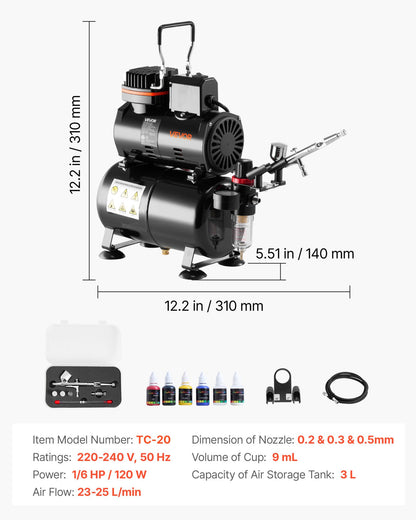 Airbrush Kit Air Brush Kit 1/6 HP Air Compressor Tank 1 Airbrush 3 Tips - Image 7