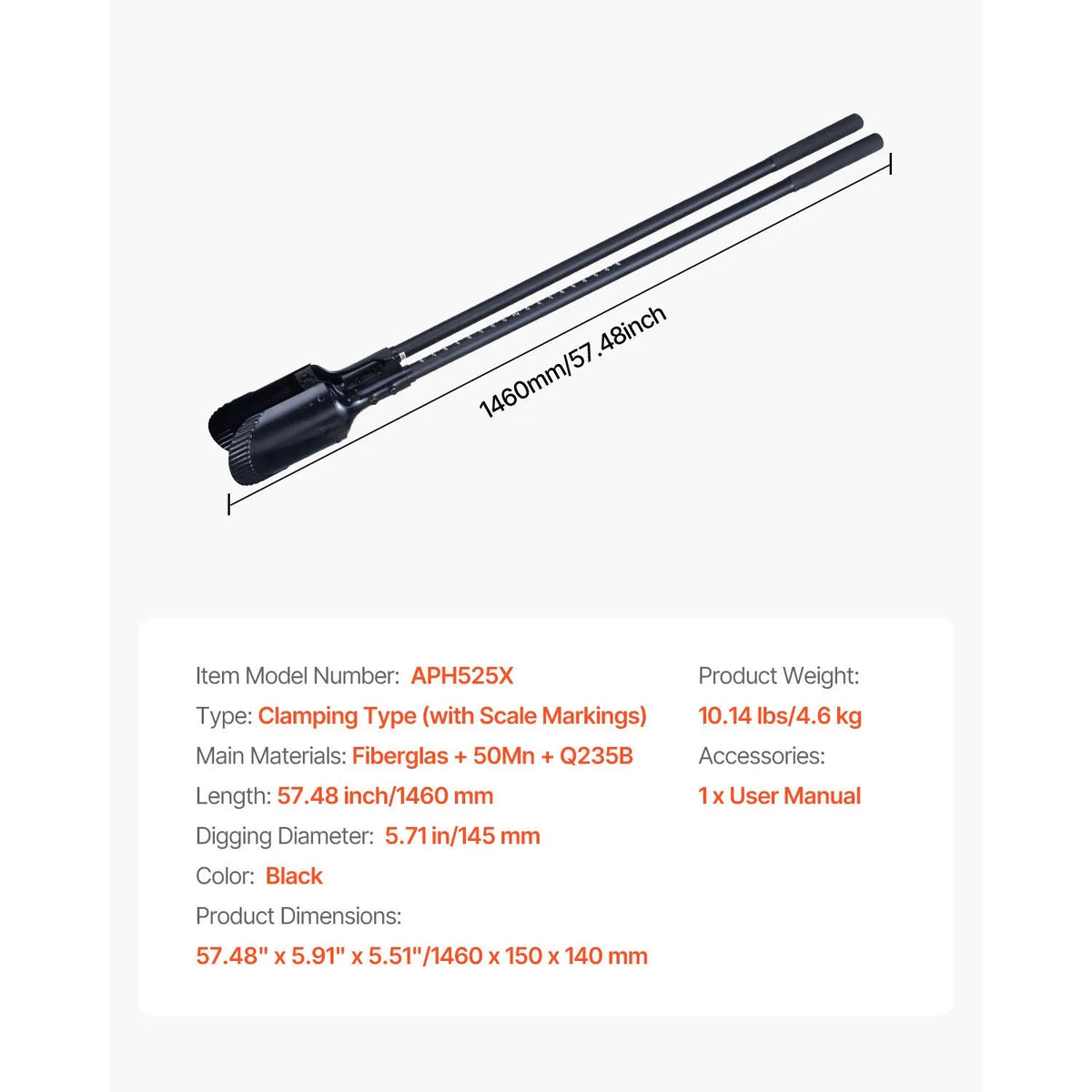 Post Hole Digger, Heavy Duty Post Hole Digger with Fiberglass Handle, Manual Hole Digger with Scale Markings and Metal Blade, Post Hole Digger Tool for Digging Gardening and Outdoors, 1460 mm - Image 7