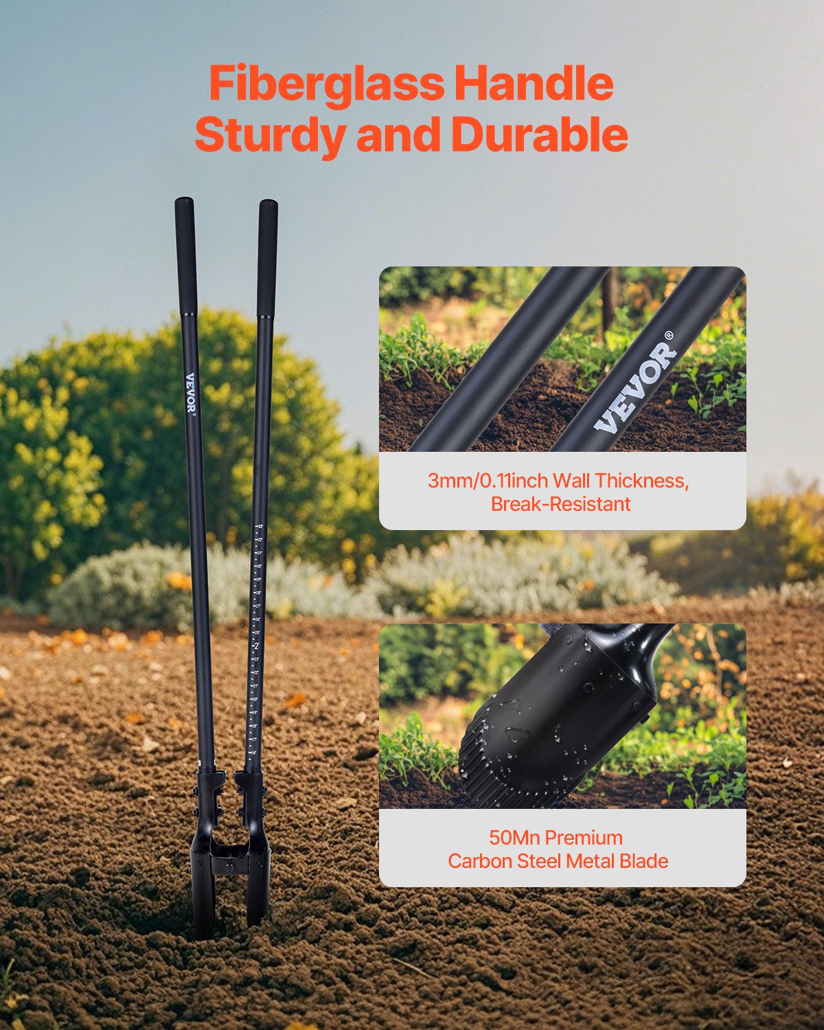 Post Hole Digger, Heavy Duty Post Hole Digger with Fiberglass Handle, Manual Hole Digger with Scale Markings and Metal Blade, Post Hole Digger Tool for Digging Gardening and Outdoors, 1460 mm - Image 2