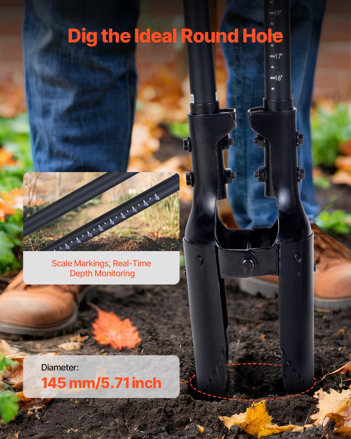 Post Hole Digger, Heavy Duty Post Hole Digger with Fiberglass Handle, Manual Hole Digger with Scale Markings and Metal Blade, Post Hole Digger Tool for Digging Gardening and Outdoors, 1460 mm - Image 3