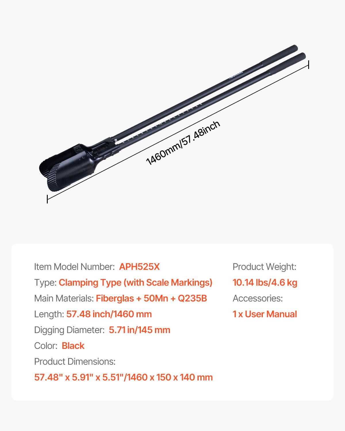 Post Hole Digger, Heavy Duty Post Hole Digger with Fiberglass Handle, Manual Hole Digger with Scale Markings and Metal Blade, Post Hole Digger Tool for Digging Gardening and Outdoors, 1460 mm - Image 7