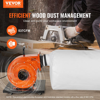 Dust Collector, 1HP 460 CFM Air Flow, Rolling Dust Collector with 80L Large Dust Collection Bag, 2.5 Micron Bag Filtration, Industrial Workshop Mobile Wood Dust Container with Handle and Wheels - Image 2