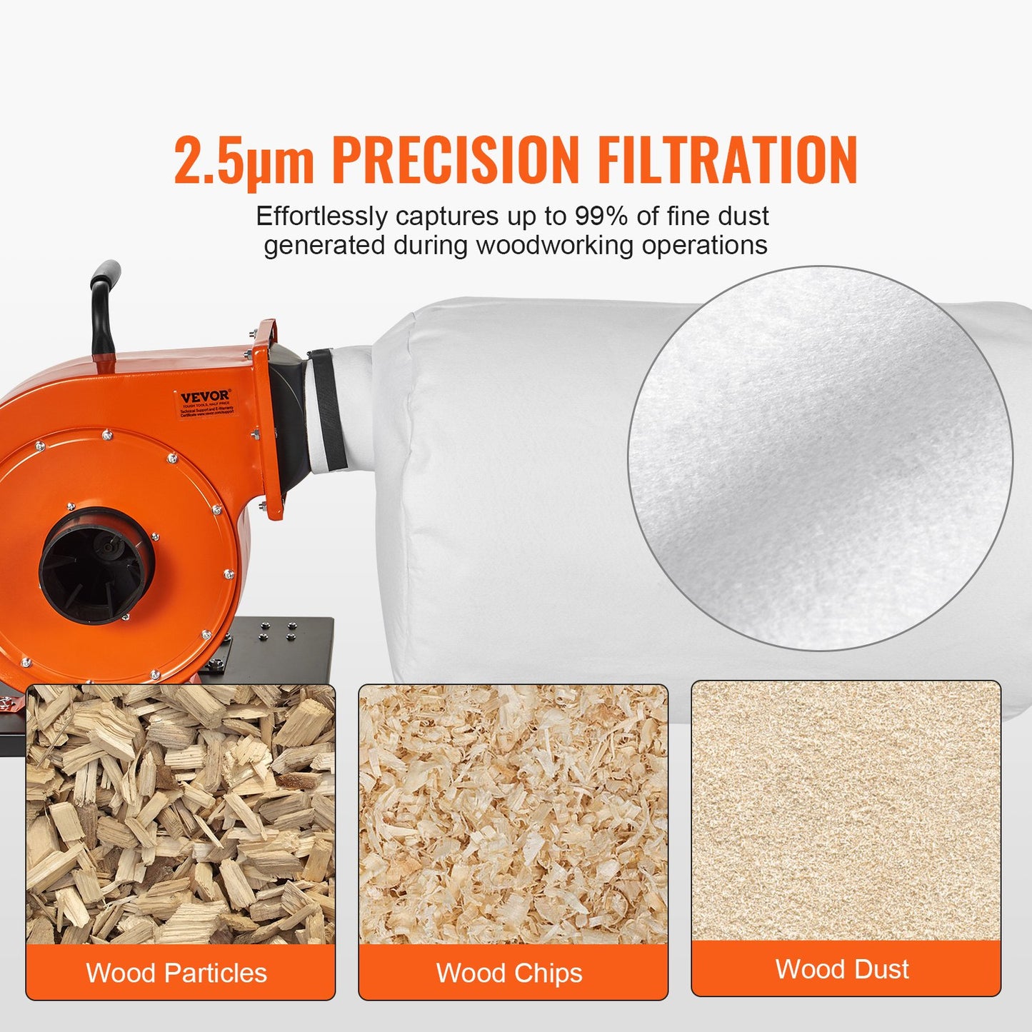 Dust Collector, 1HP 460 CFM Air Flow, Rolling Dust Collector with 80L Large Dust Collection Bag, 2.5 Micron Bag Filtration, Industrial Workshop Mobile Wood Dust Container with Handle and Wheels - Image 3