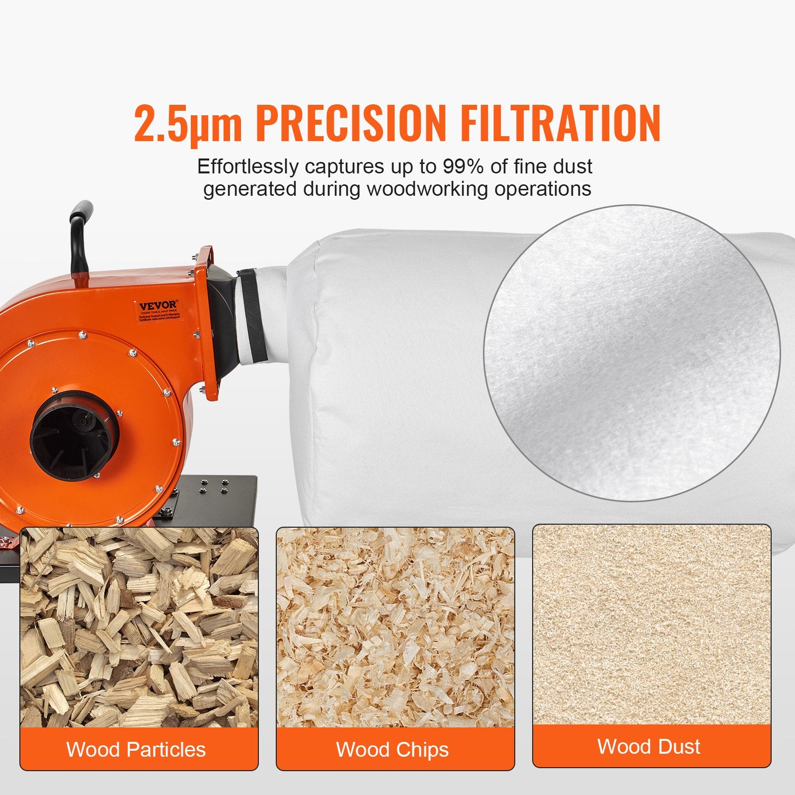 Dust Collector, 1HP 460 CFM Air Flow, Rolling Dust Collector with 80L Large Dust Collection Bag, 2.5 Micron Bag Filtration, Industrial Workshop Mobile Wood Dust Container with Handle and Wheels - Image 3