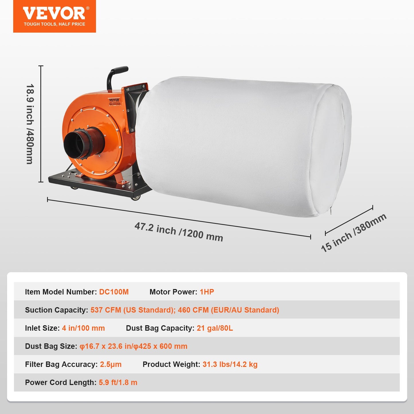 Dust Collector, 1HP 460 CFM Air Flow, Rolling Dust Collector with 80L Large Dust Collection Bag, 2.5 Micron Bag Filtration, Industrial Workshop Mobile Wood Dust Container with Handle and Wheels - Image 7