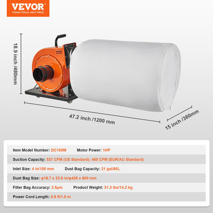 Dust Collector, 1HP 460 CFM Air Flow, Rolling Dust Collector with 80L Large Dust Collection Bag, 2.5 Micron Bag Filtration, Industrial Workshop Mobile Wood Dust Container with Handle and Wheels - Image 7