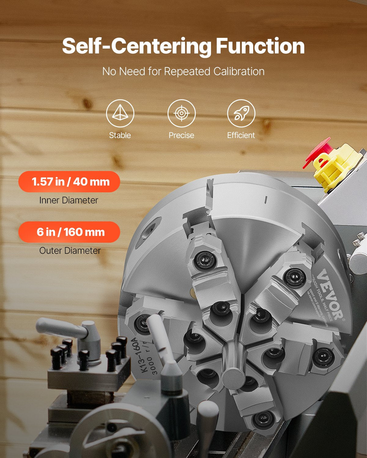 6-Jaw Lathe Chuck, 6 Inch (160 mm), Self-Centering Chuck with D1-4 Cam Lock Backing Plate, 0.12-5.71 in (3-145 mm) Clamping Range with T-wrench Screws, HT300 Material, for Wood Metal Lathe - Image 3