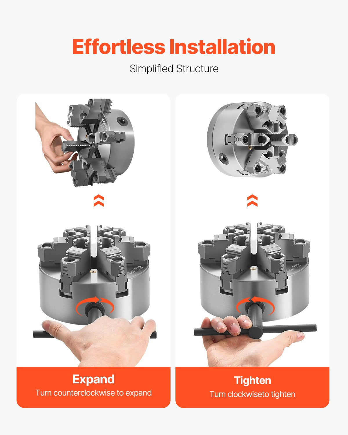 6-Jaw Lathe Chuck, 6 Inch (160 mm), Self-Centering Chuck with D1-4 Cam Lock Backing Plate, 0.12-5.71 in (3-145 mm) Clamping Range with T-wrench Screws, HT300 Material, for Wood Metal Lathe - Image 5
