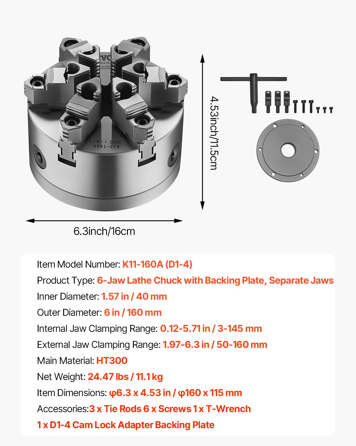 6-Jaw Lathe Chuck, 6 Inch (160 mm), Self-Centering Chuck with D1-4 Cam Lock Backing Plate, 0.12-5.71 in (3-145 mm) Clamping Range with T-wrench Screws, HT300 Material, for Wood Metal Lathe - Image 7