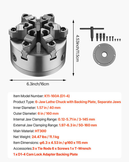6-Jaw Lathe Chuck, 6 Inch (160 mm), Self-Centering Chuck with D1-4 Cam Lock Backing Plate, 0.12-5.71 in (3-145 mm) Clamping Range with T-wrench Screws, HT300 Material, for Wood Metal Lathe - Image 7
