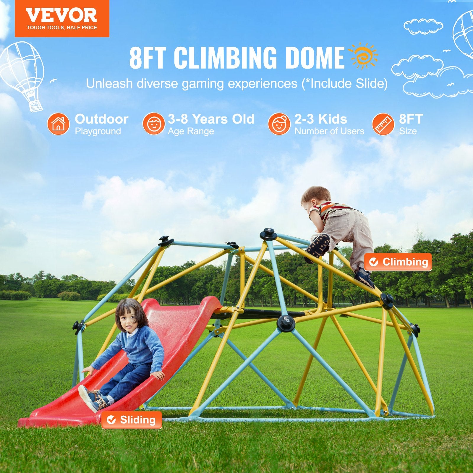 Climbing Dome, 8FT Geometric Dome Climber with Slide, for Kids 3 to 9 Years Old, Jungle Gym Supports 600LBS and Easy Assembly, with Climbing Grip, Outdoor and Indoor Play Equipment for Kids - Image 2