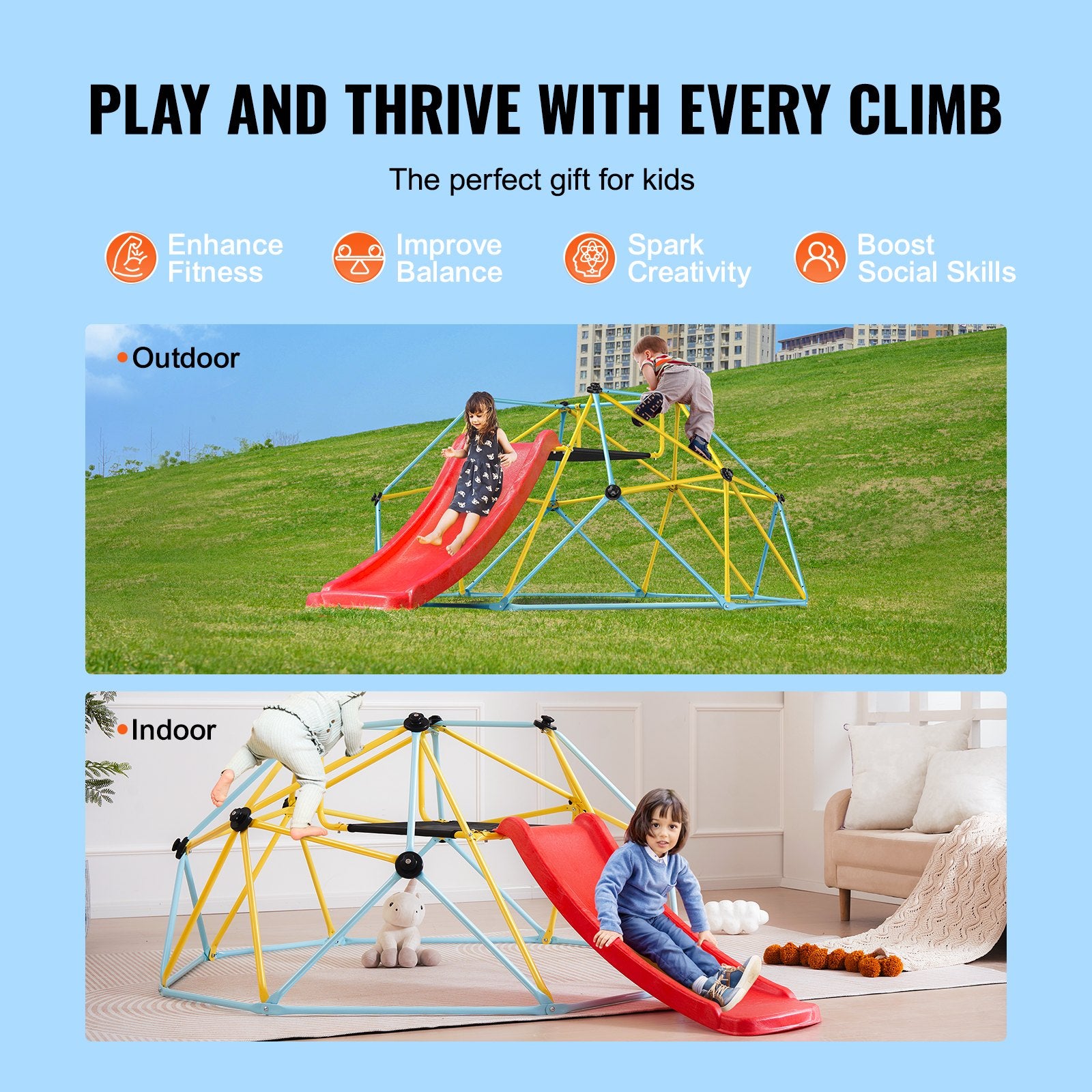 Climbing Dome, 8FT Geometric Dome Climber with Slide, for Kids 3 to 9 Years Old, Jungle Gym Supports 600LBS and Easy Assembly, with Climbing Grip, Outdoor and Indoor Play Equipment for Kids - Image 3