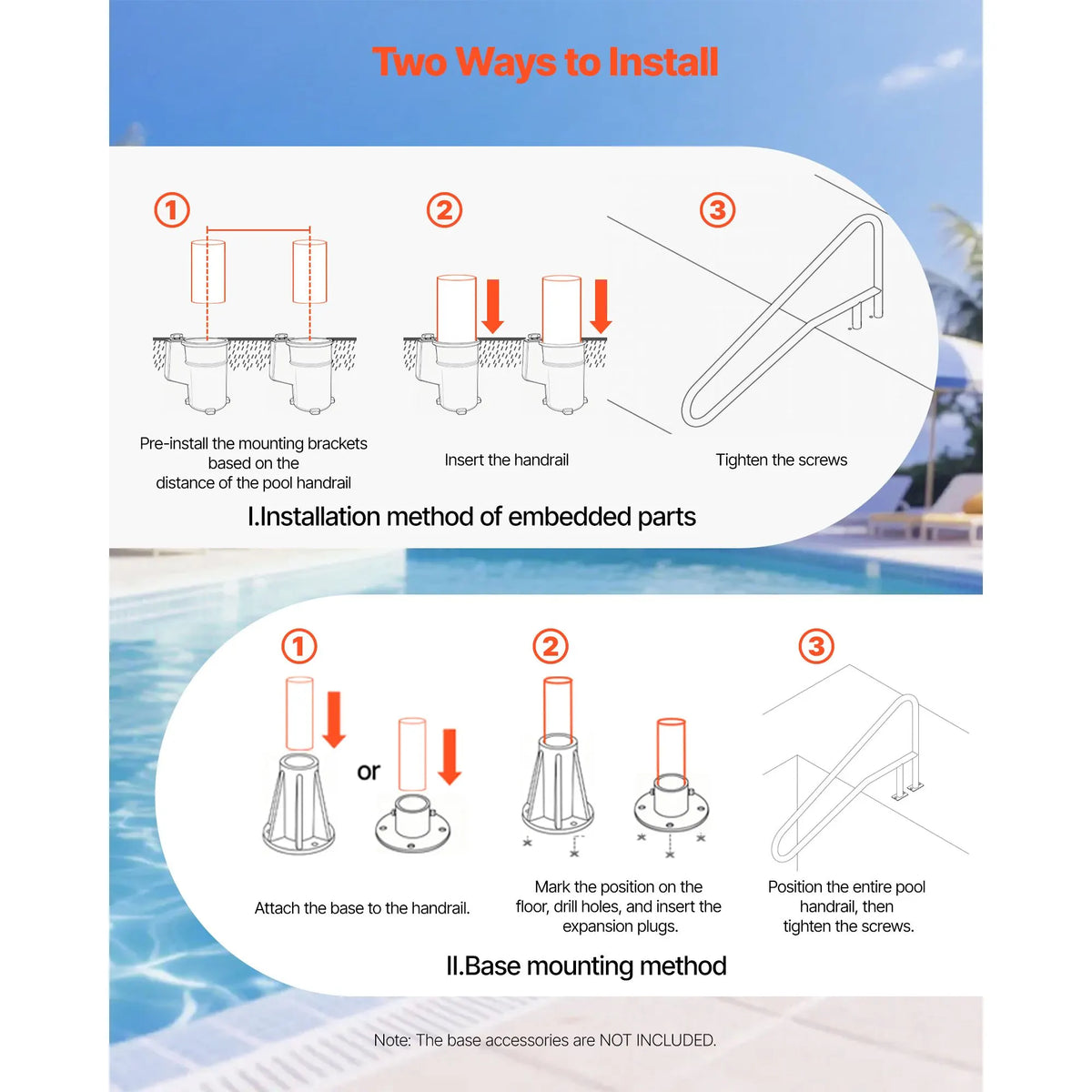 Pool Rail, 137.1 x 81.3 cm Pool Handrail, 100kg Load Capacity Heavy Duty Stainless Steel Swimming Handrail, Seamless Welding, Recessed or Base Mount, for Poolside, Water Parks, Spa Centers - Image 5