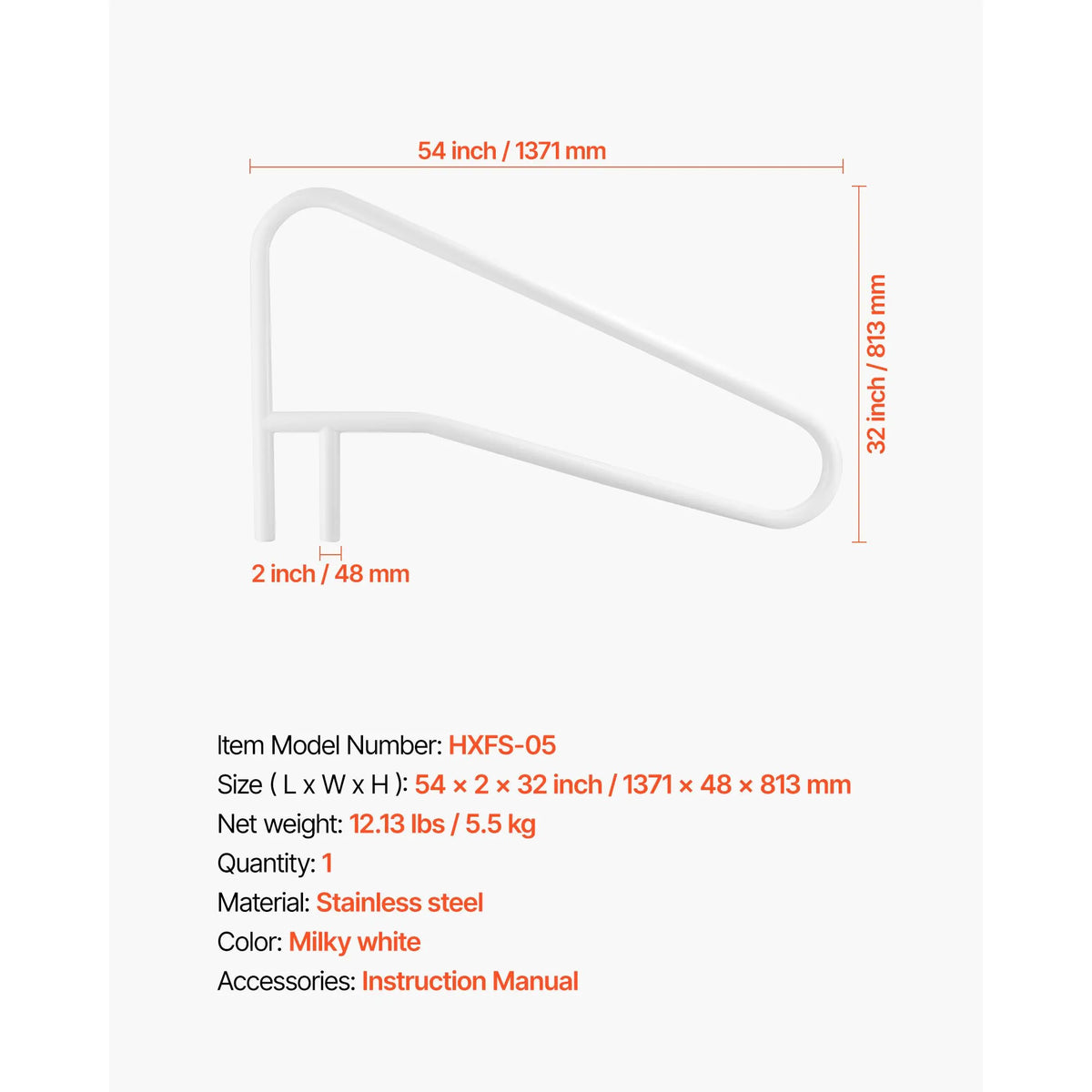 Pool Rail, 137.1 x 81.3 cm Pool Handrail, 100kg Load Capacity Heavy Duty Stainless Steel Swimming Handrail, Seamless Welding, Recessed or Base Mount, for Poolside, Water Parks, Spa Centers - Image 7