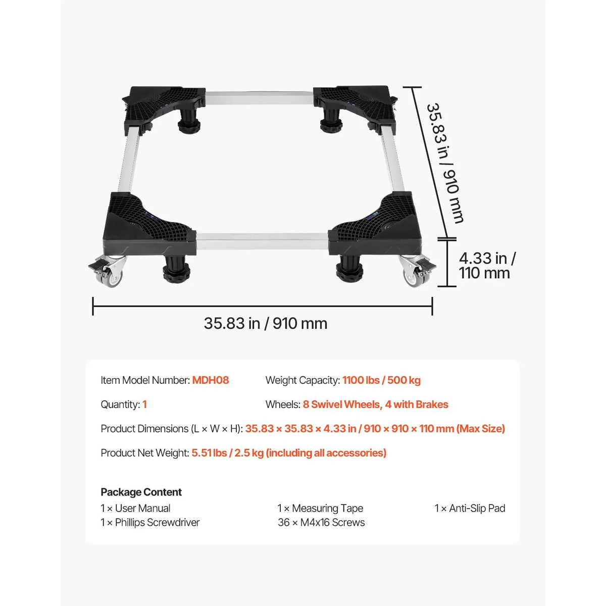 Fridge Stand Mobile Base, 1100 lbs Load Capacity, Washing Machine Stand with 8 Locking Twin Wheels and 4 Brakes, 27.5 -35.4 Inches Adjustable Furniture Dolly for Washer, Refrigerator and Dryer - Image 7