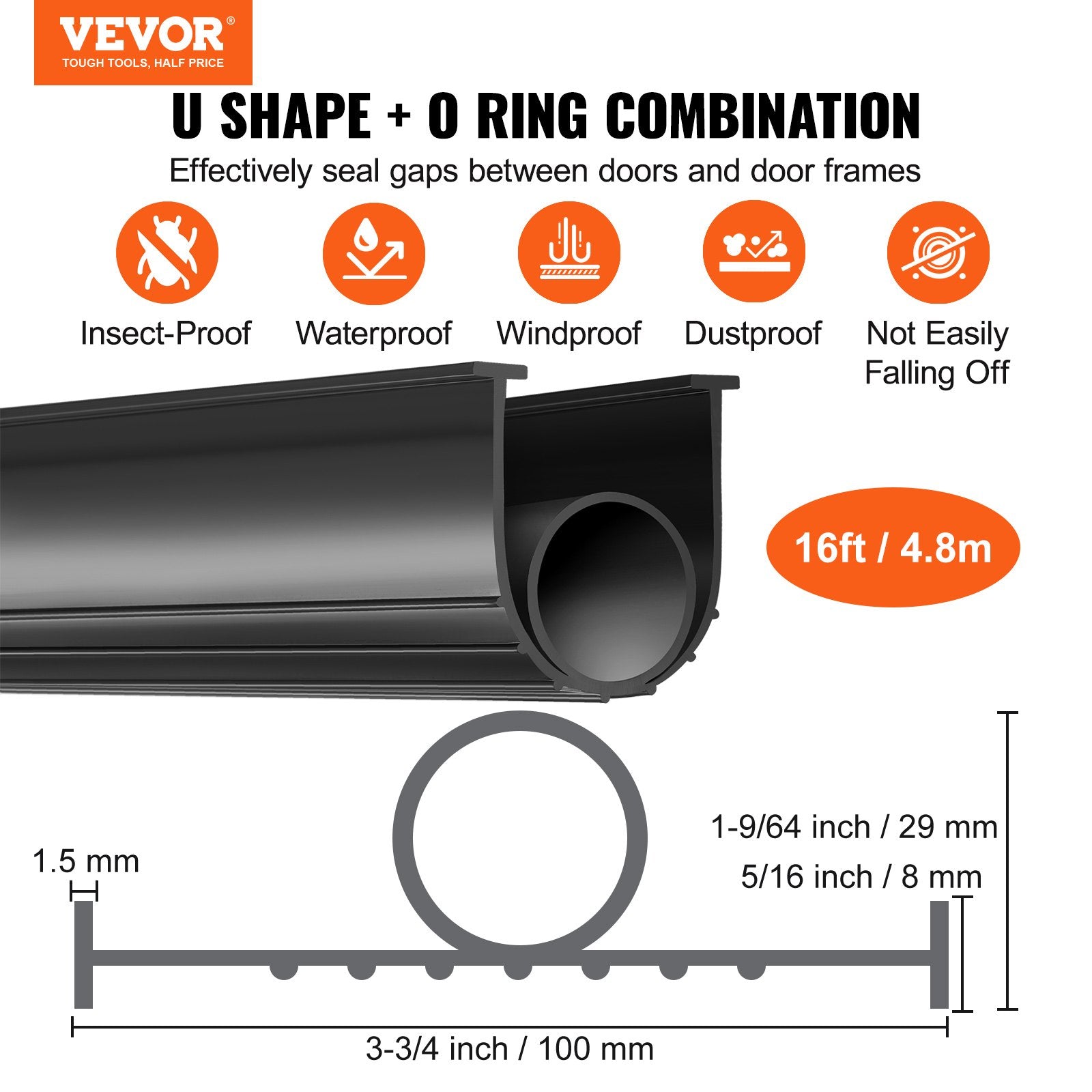 Garage Door Seals Bottom Rubber, U Shape +O Ring Combination Garage Door Bottom Weather Seal, 16ft Weatherproofing Garage Door Seal, 5/16 inch T-ends and 3 3/4 inch Width, for Doors, Black - Image 2