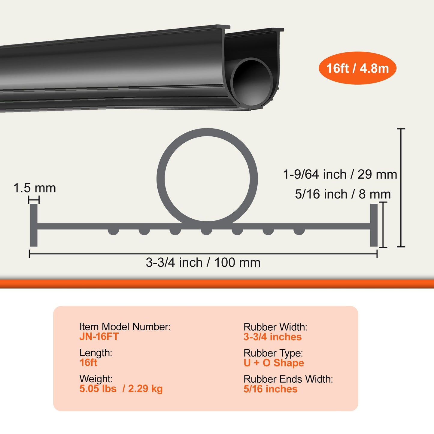Garage Door Seals Bottom Rubber, U Shape +O Ring Combination Garage Door Bottom Weather Seal, 16ft Weatherproofing Garage Door Seal, 5/16 inch T-ends and 3 3/4 inch Width, for Doors, Black - Image 7