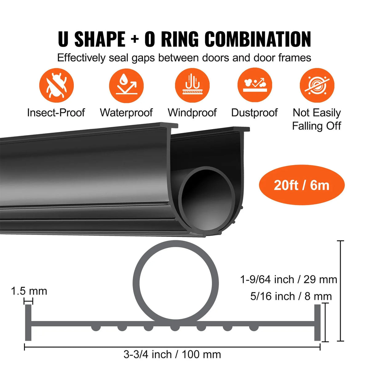 Garage Door Seals Bottom Rubber, U Shape +O Ring Combination Garage Door Bottom Weather Seal, 20ft Weatherproofing Garage Door Seal, 5/16 inch T-ends and 3 3/4 inch Width, for Doors, Black - Image 2
