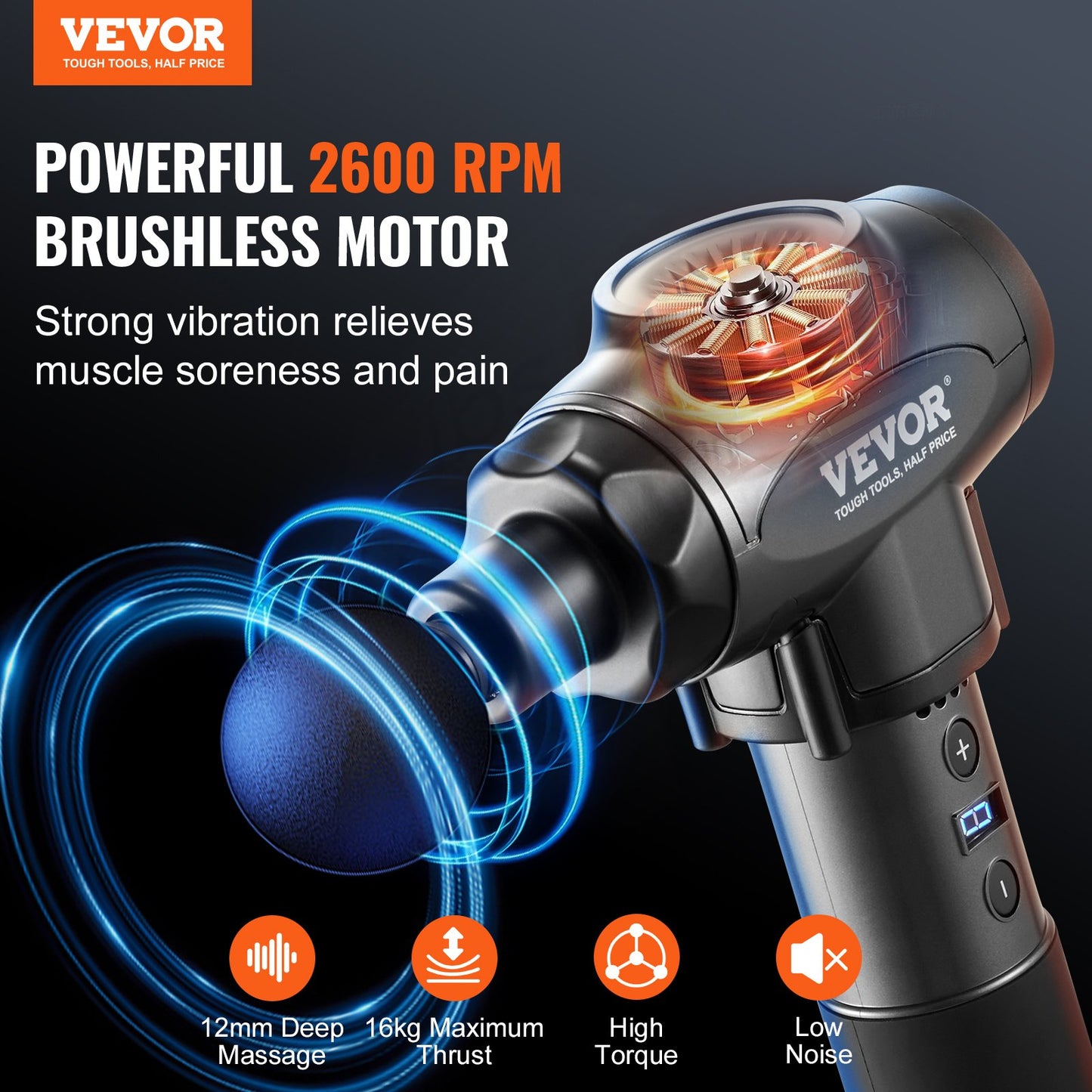 Massage Gun Deep Tissue, Percussion Muscle Massager for Athletes - with 9 Speed Levels & 6 Massage Heads, 24V 2500mAh Batteries, Handheld Electric Massage Gun for Pain Relief, Muscle Relaxation - Image 2