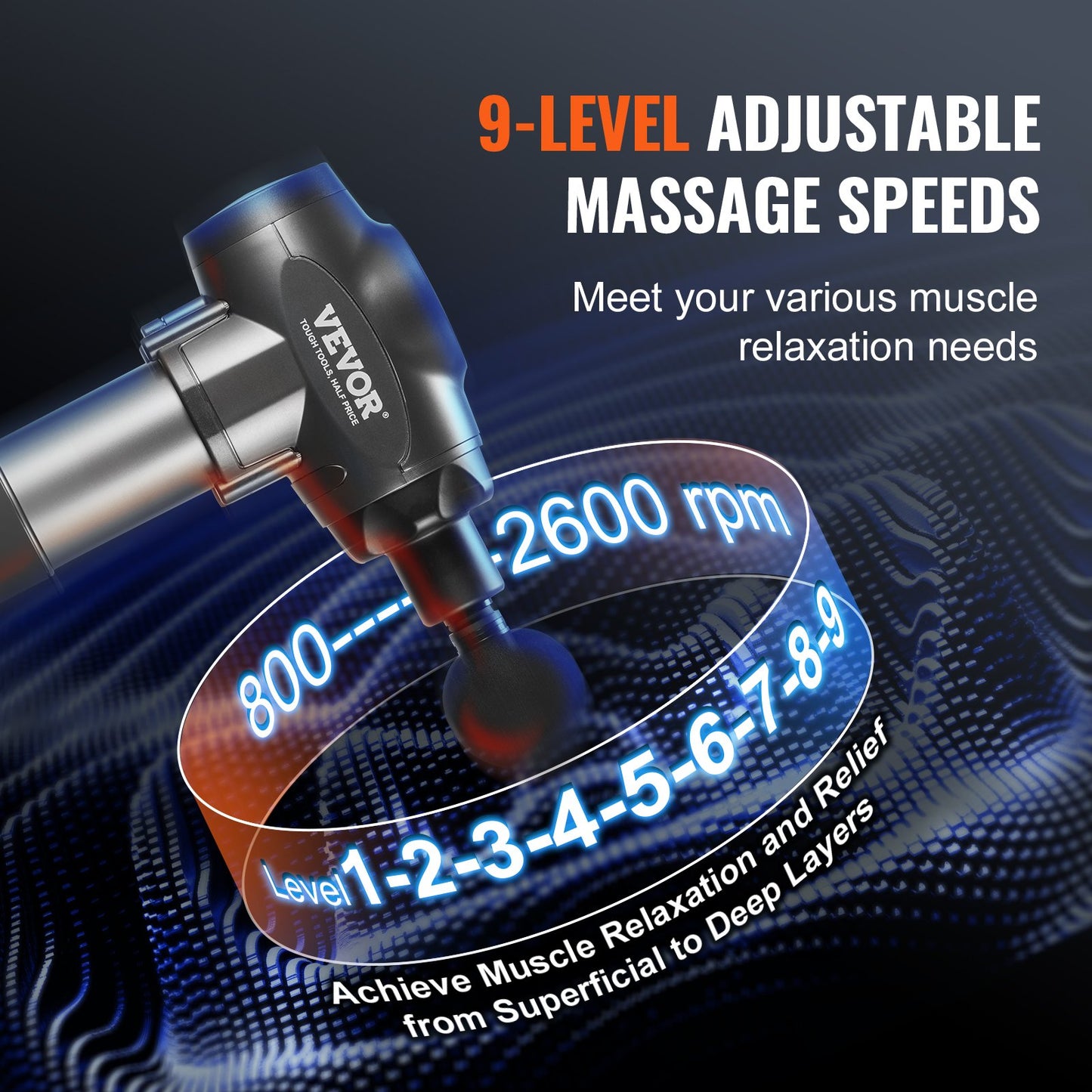 Massage Gun Deep Tissue, Percussion Muscle Massager for Athletes - with 9 Speed Levels & 6 Massage Heads, 24V 2500mAh Batteries, Handheld Electric Massage Gun for Pain Relief, Muscle Relaxation - Image 3