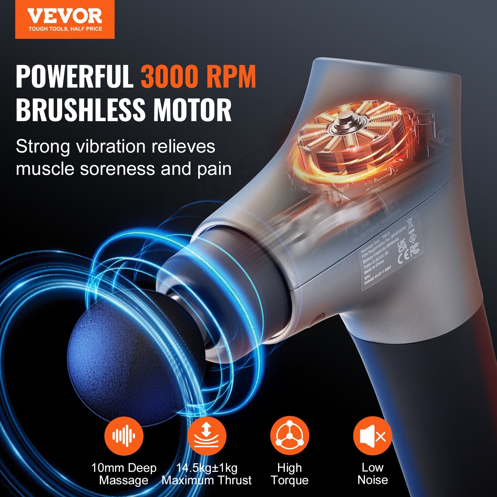Massage Gun Deep Tissue, Percussion Muscle Massager for Athletes - with 6 Speed Levels & 4 Massage Heads, 12V 2500mAh Batteries, Handheld Electric Massage Gun for Pain Relief, Muscle Relaxation - Image 2