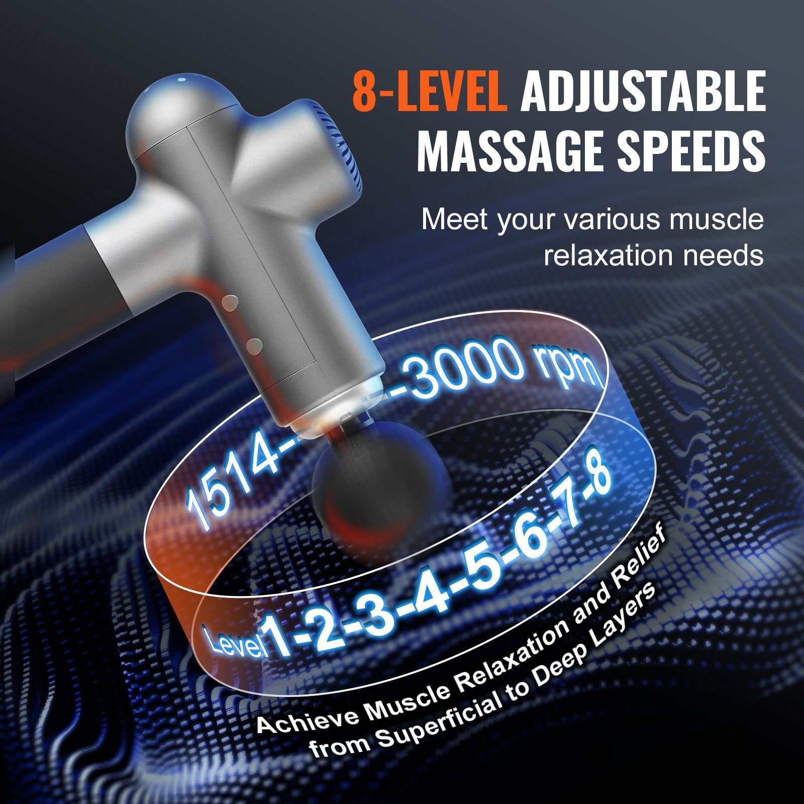 Massage Gun Deep Tissue, Percussion Muscle Massager for Athletes - with 8 Speed Levels & 6 Massage Heads, 24V 2500mAh Batteries, Handheld Electric Massage Gun for Pain Relief, Muscle Relaxation - Image 3