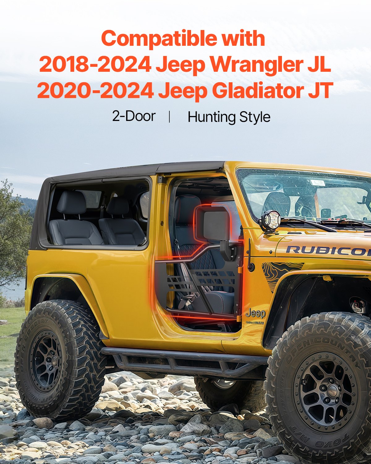 Jeep Tube Doors, 2-Door, Hunting Style Jeep Tubular Door with Heavy-Duty Hinges & OE Latch, Jeep Doors with Rear View Mirrors, Fit for 2018-2024 Jeep Wrangler JL & 2020-2024 Jeep Gladiator JT - Image 2