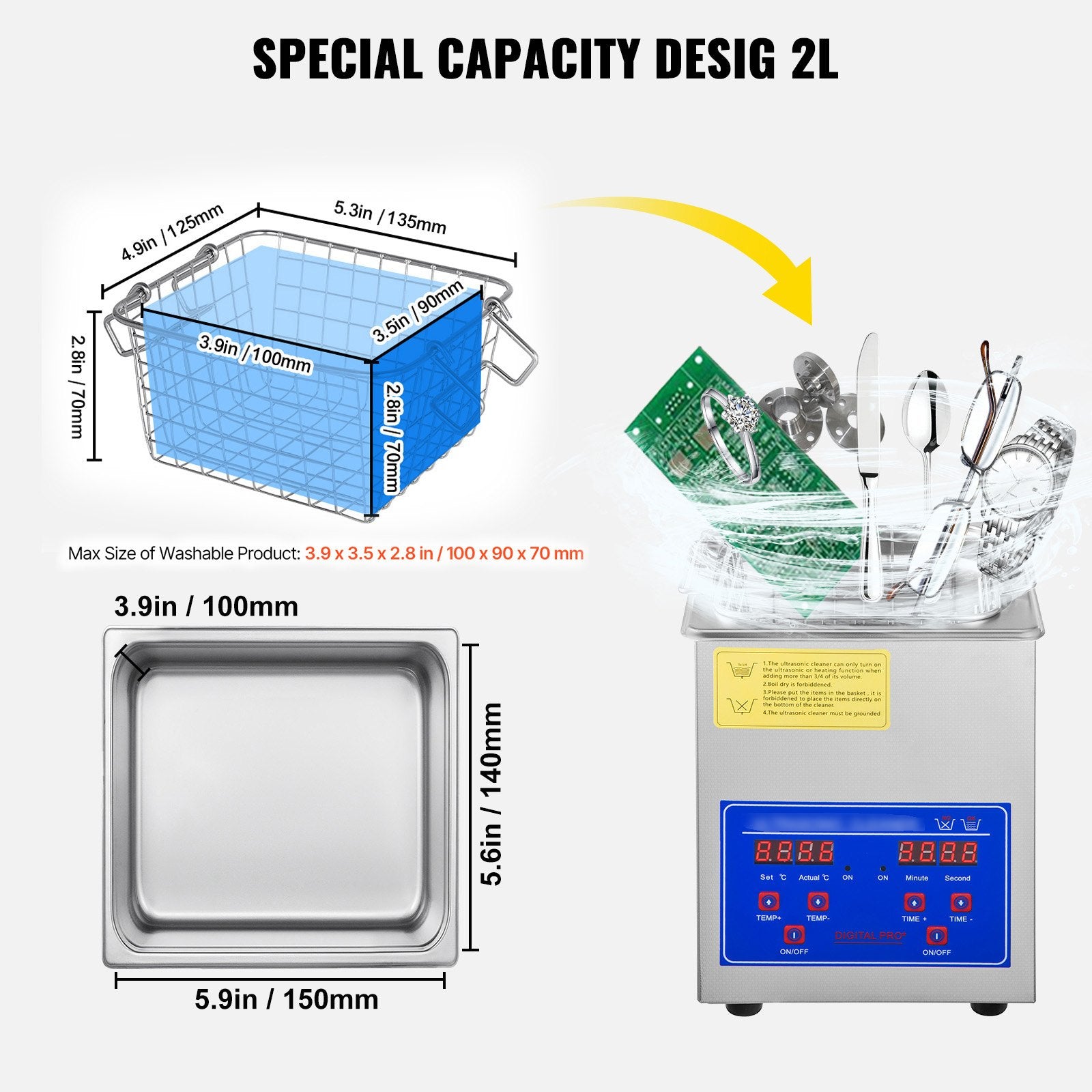 Ultrasonic Cleaner 2L Jewelry Cleaning with Digital Timer Ultrasonic Cleaning Machine for Jewellery Rings Watches Eyeglasses Dentures Coins Metal Parts Commercial and Home Use - Image 6