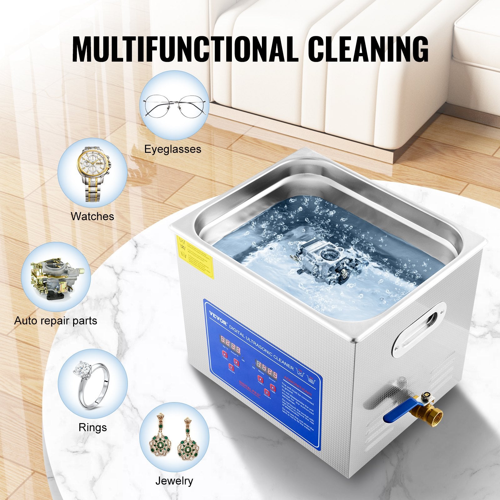 Ultrasonic Cleaner 10L Jewelry Cleaning with Digital Timer Ultrasonic Cleaning Machine for Jewellery Rings Watches Eyeglasses Dentures Coins Metal Parts Commercial and Home Use Silver - Image 5