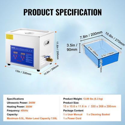 Ultrasonic Cleaner 10L Jewelry Cleaning with Digital Timer Ultrasonic Cleaning Machine for Jewellery Rings Watches Eyeglasses Dentures Coins Metal Parts Commercial and Home Use Silver - Image 7