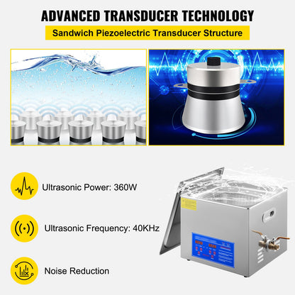 Powerful Stainless Steel 13.5-15 L Liters Ultrasonic Cleaner 360W Digital Heater Timer - Image 3