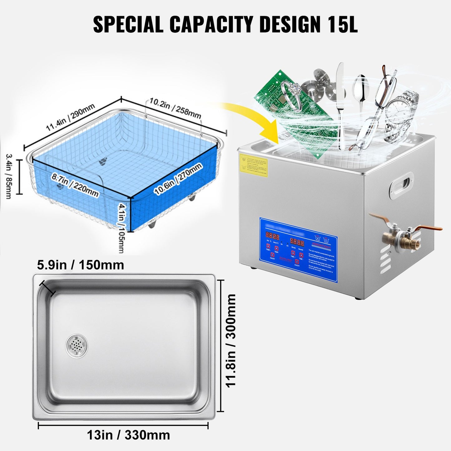 Powerful Stainless Steel 13.5-15 L Liters Ultrasonic Cleaner 360W Digital Heater Timer - Image 6