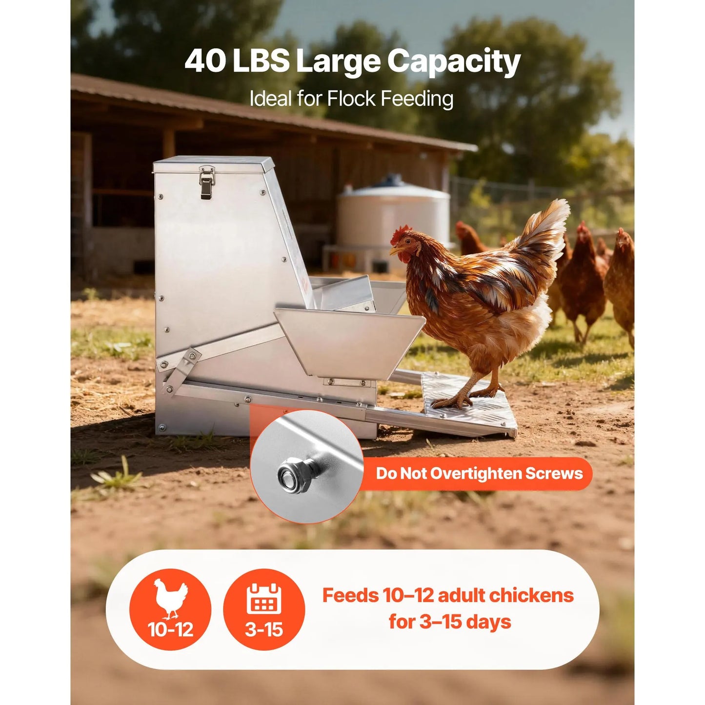 Automatic Chicken Feeder, 18.14 kg Capacity, Rainproof Treadle Poultry Feeder with Lockable Lid, No Waste, Galvanized Steel Construction, Outdoor Use, for Chicken, Bantams, Poultry, Pheasants - Image 3