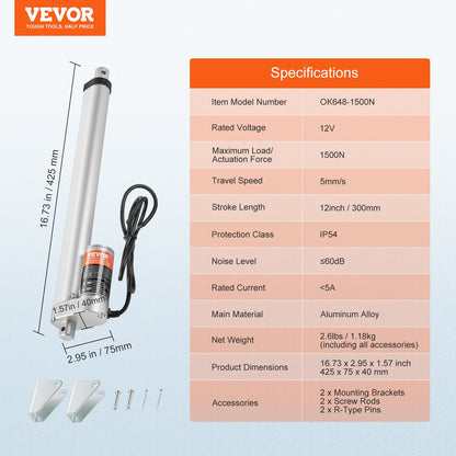 Linear Actuator 12V, 12 Inch High Load 330lbs/1500N Linear Actuator, 0.19"/s Linear Motion Actuator with Mounting Bracket and IP54 Protection - Image 7