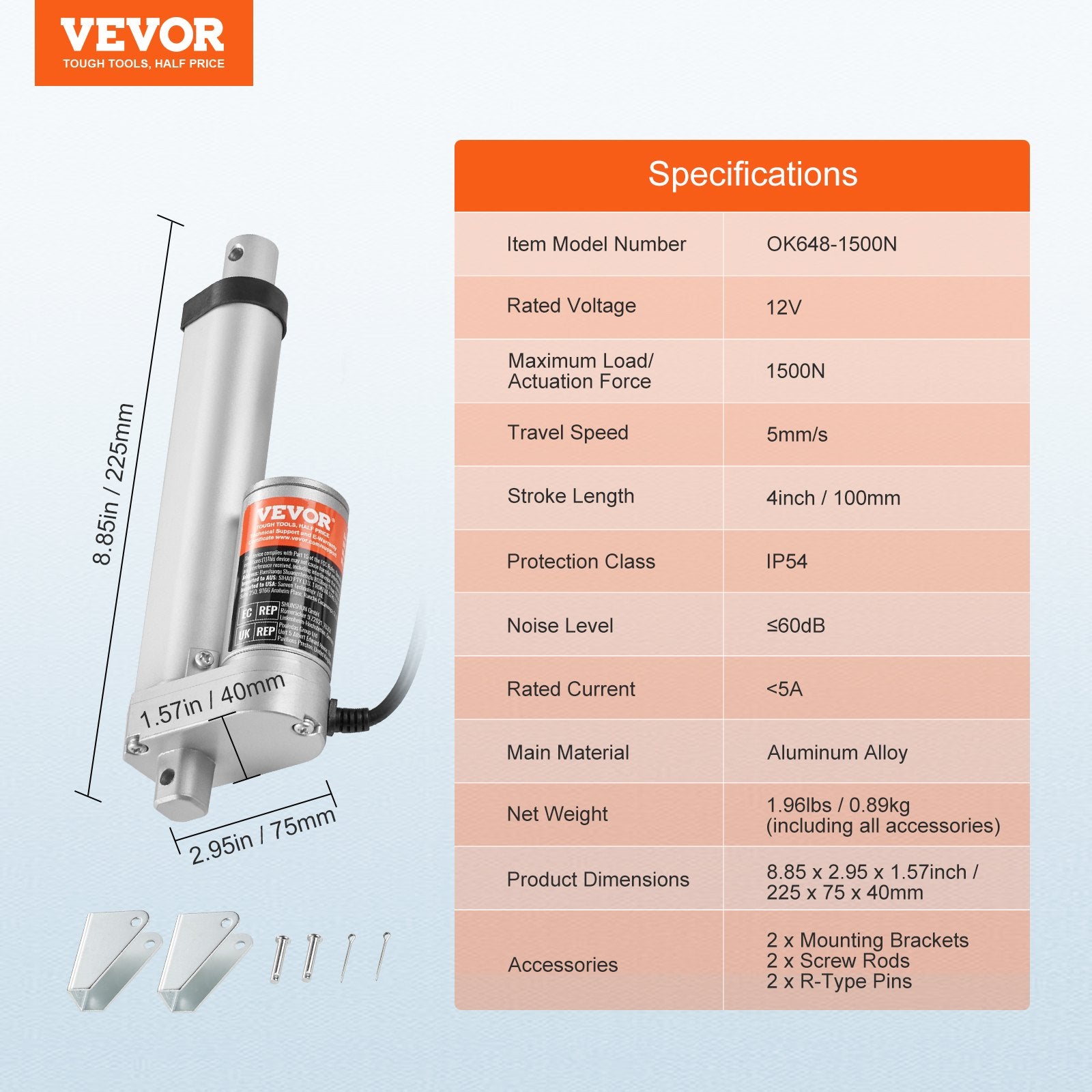 Linear Actuator 12V, 4 Inch High Load 330lbs/1500N Linear Actuator, 0.19"/s Linear Motion Actuator with Mounting Bracket and IP54 Protection - Image 7