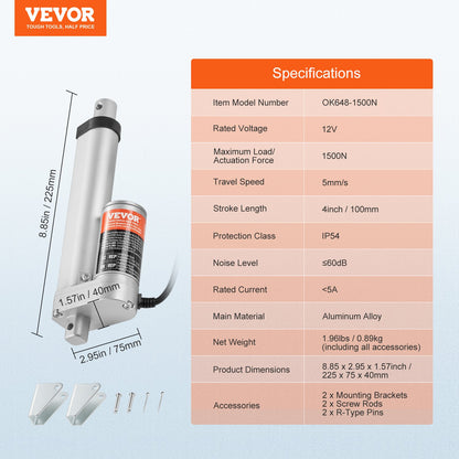 Linear Actuator 12V, 4 Inch High Load 330lbs/1500N Linear Actuator, 0.19"/s Linear Motion Actuator with Mounting Bracket and IP54 Protection - Image 7