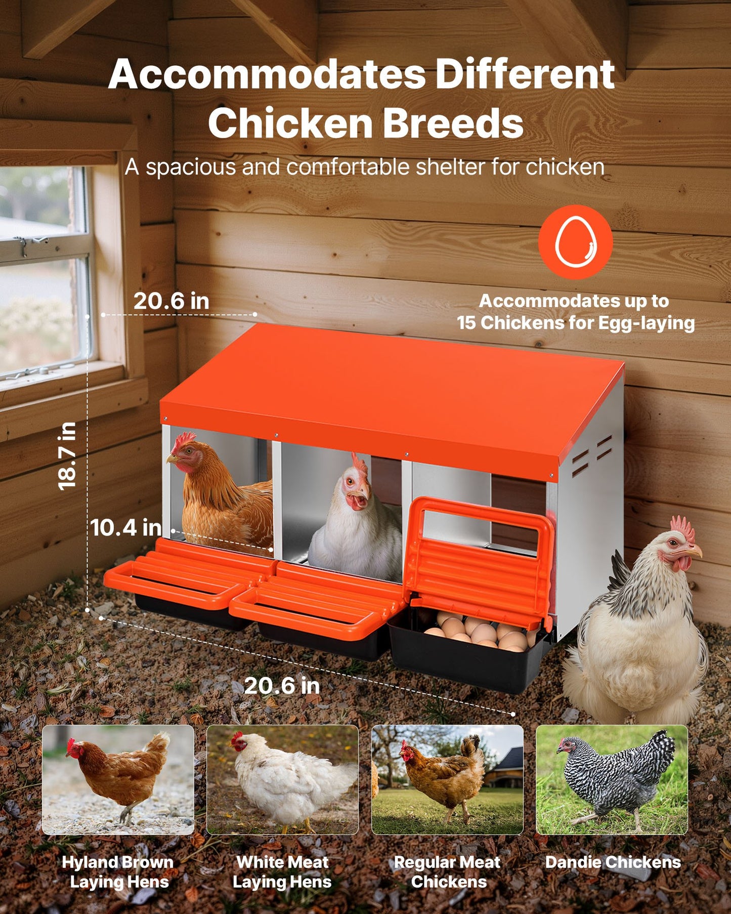 Chicken Nest Box, 3-Compartment, 15 to 30 in Stable & Corrosion-Resistant Metal Nesting Boxes with Inclined Nesting Boxes, Bottom Holes & Resting Platform, Fit for Different Chicken Breeds - Image 2