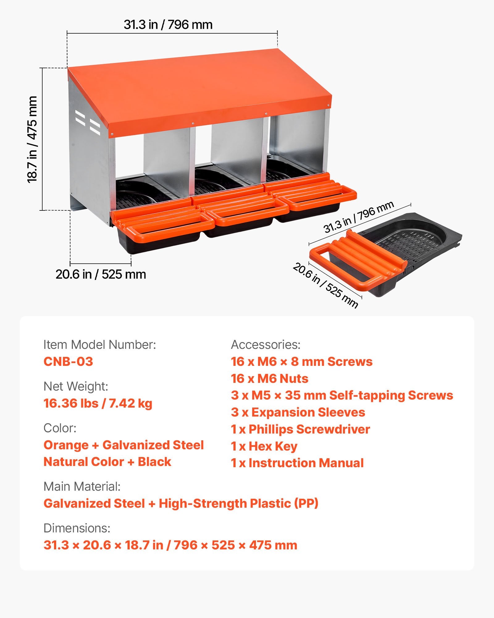 Chicken Nest Box, 3-Compartment, 15 to 30 in Stable & Corrosion-Resistant Metal Nesting Boxes with Inclined Nesting Boxes, Bottom Holes & Resting Platform, Fit for Different Chicken Breeds - Image 7