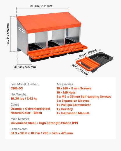 Chicken Nest Box, 3-Compartment, 15 to 30 in Stable & Corrosion-Resistant Metal Nesting Boxes with Inclined Nesting Boxes, Bottom Holes & Resting Platform, Fit for Different Chicken Breeds - Image 7