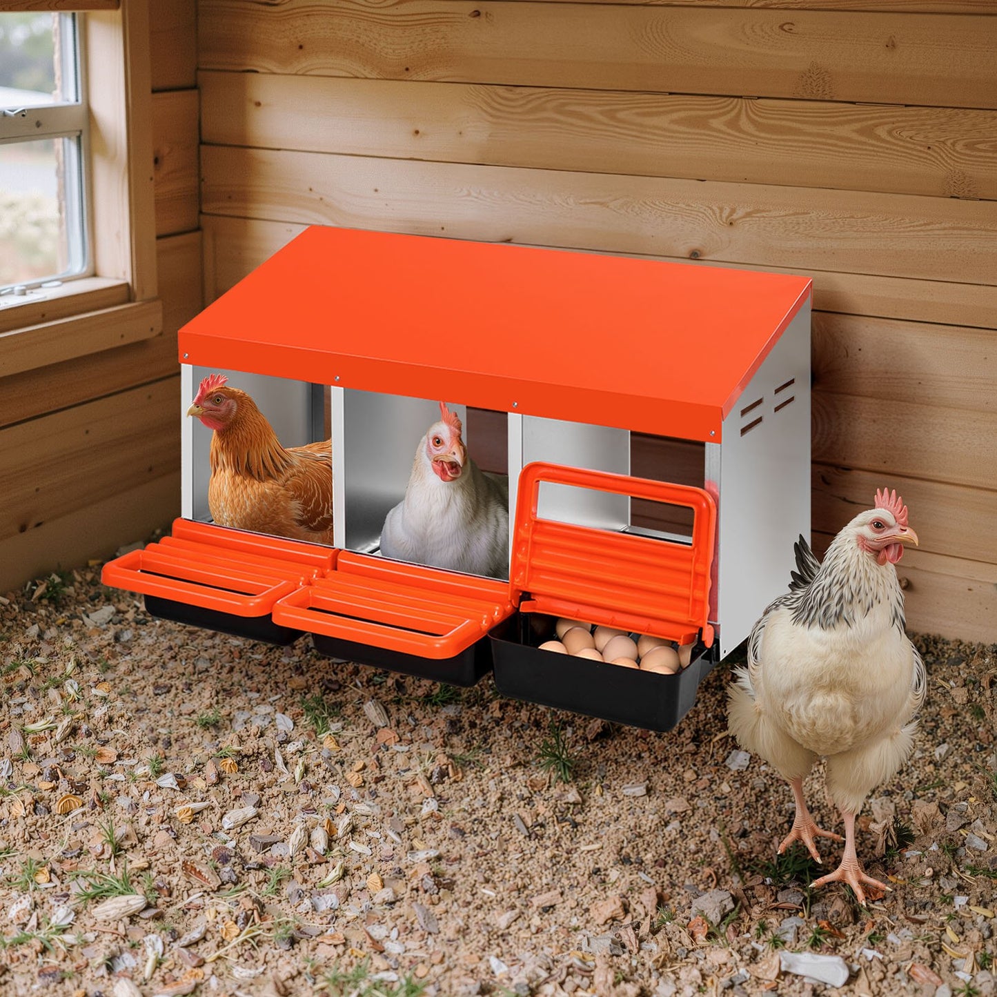 Chicken Nest Box, 3-Compartment, 15 to 30 in Stable & Corrosion-Resistant Metal Nesting Boxes with Inclined Nesting Boxes, Bottom Holes & Resting Platform, Fit for Different Chicken Breeds - Image 8