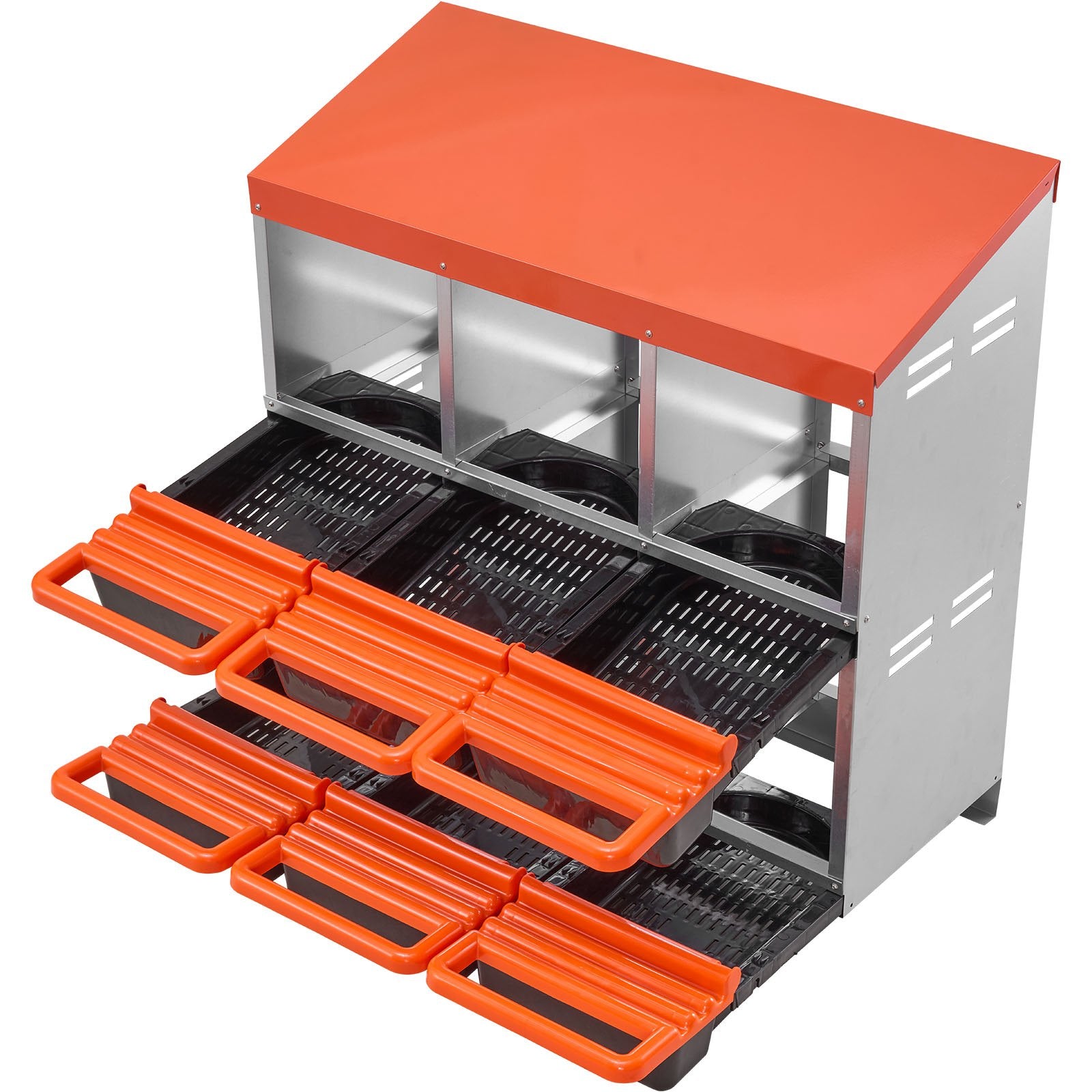 2 Tiers Chicken Nesting Boxes, 6 Compartments, Metal Egg Laying Boxes with Protective Collection Lids, Roll Out Nesting Box, Easy to Assemble, Ideal for Hens, Ducks, Chickens, and Other Poultry