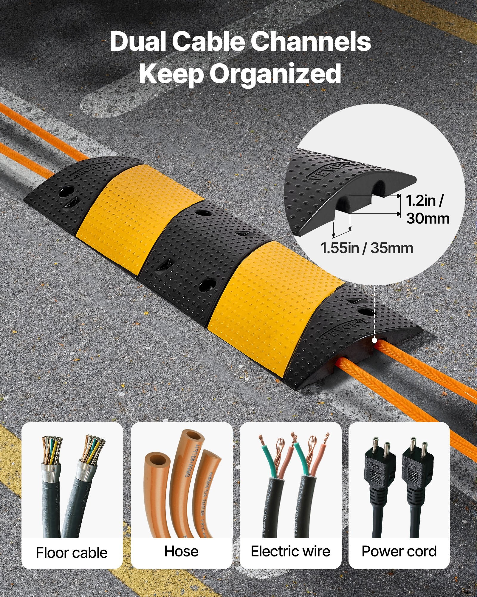 1000MM Rubber Speed Bump, 2 Pack, 2 Channel Heavy Duty Traffic Speed Hump, 9,979 kg/Axle Load Capacity, Cable Protector Ramp with Expansion Screws, for Asphalt Concrete Gravel Driveway and Road - Image 4