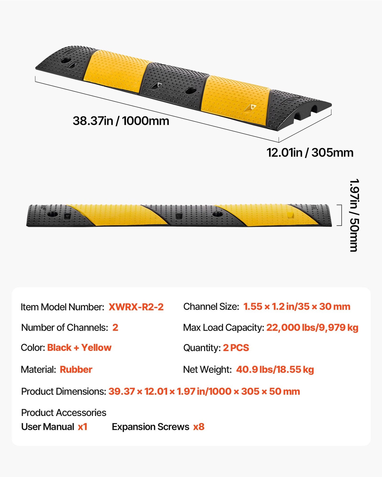 1000MM Rubber Speed Bump, 2 Pack, 2 Channel Heavy Duty Traffic Speed Hump, 9,979 kg/Axle Load Capacity, Cable Protector Ramp with Expansion Screws, for Asphalt Concrete Gravel Driveway and Road - Image 7