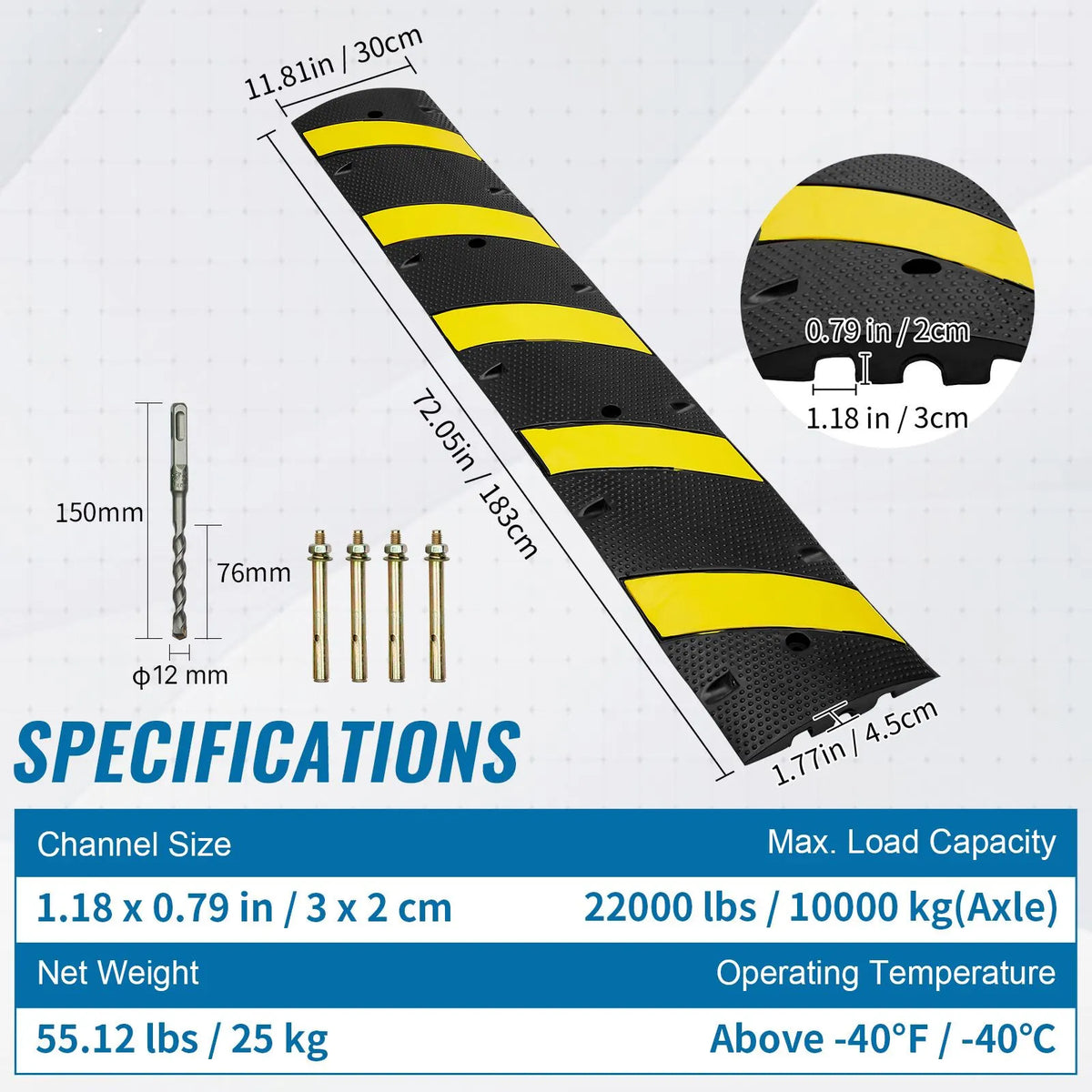 6 ft Rubber Speed Hump, 2 Channel, 10000 kg/axle Load Capacity Heavy Duty Traffic Speed Bump, with High Reflective Yellow Strip 4 Expansion Screws and 1 Drill, for Asphalt Concrete Gravel Roads - Image 7