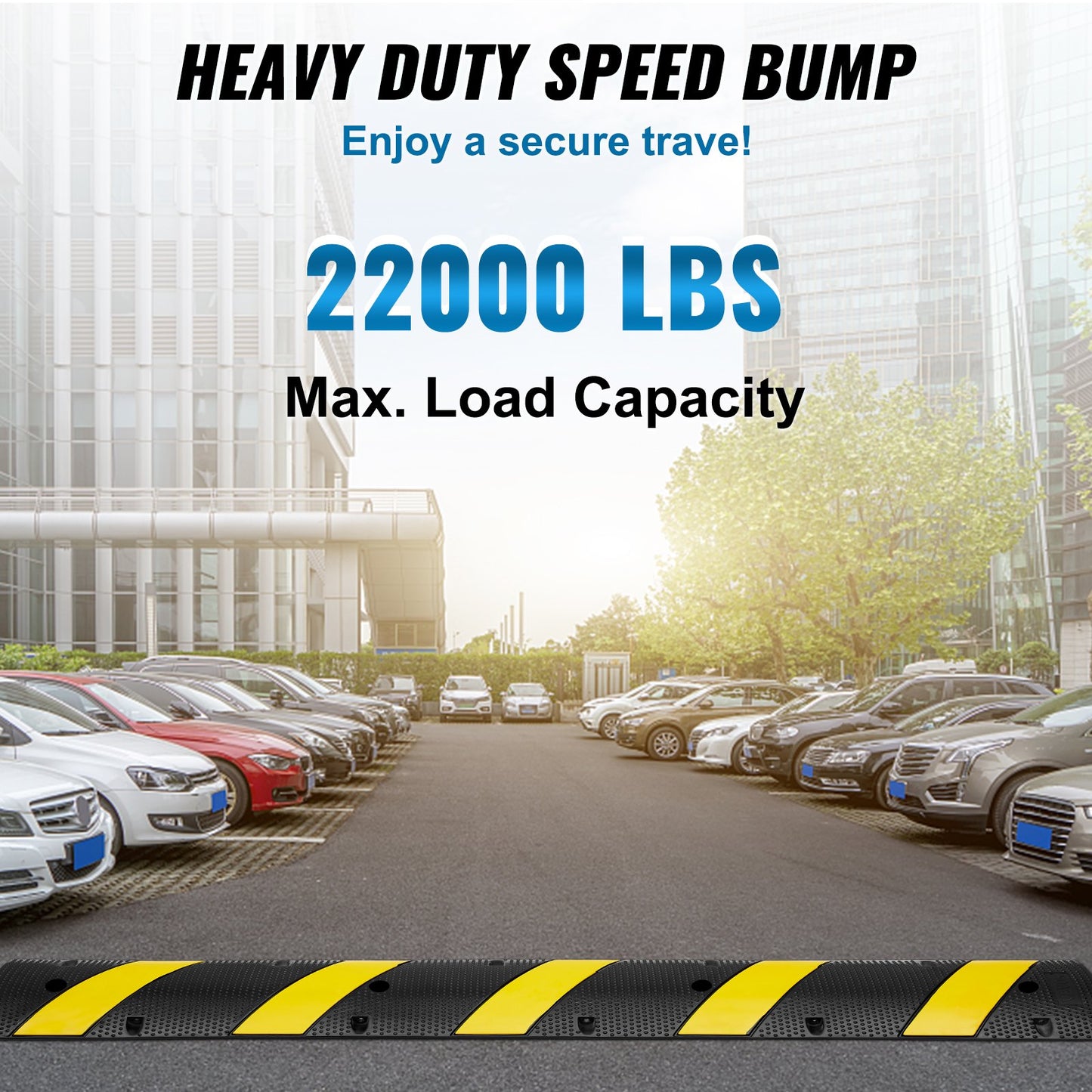 6 ft Rubber Speed Hump, 2 Channel, 10000 kg/axle Load Capacity Heavy Duty Traffic Speed Bump, with High Reflective Yellow Strip 4 Expansion Screws and 1 Drill, for Asphalt Concrete Gravel Roads - Image 2