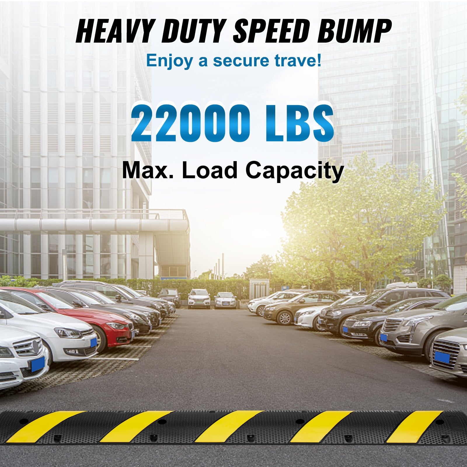 6 ft Rubber Speed Hump, 2 Channel, 10000 kg/axle Load Capacity Heavy Duty Traffic Speed Bump, with High Reflective Yellow Strip 4 Expansion Screws and 1 Drill, for Asphalt Concrete Gravel Roads - Image 2