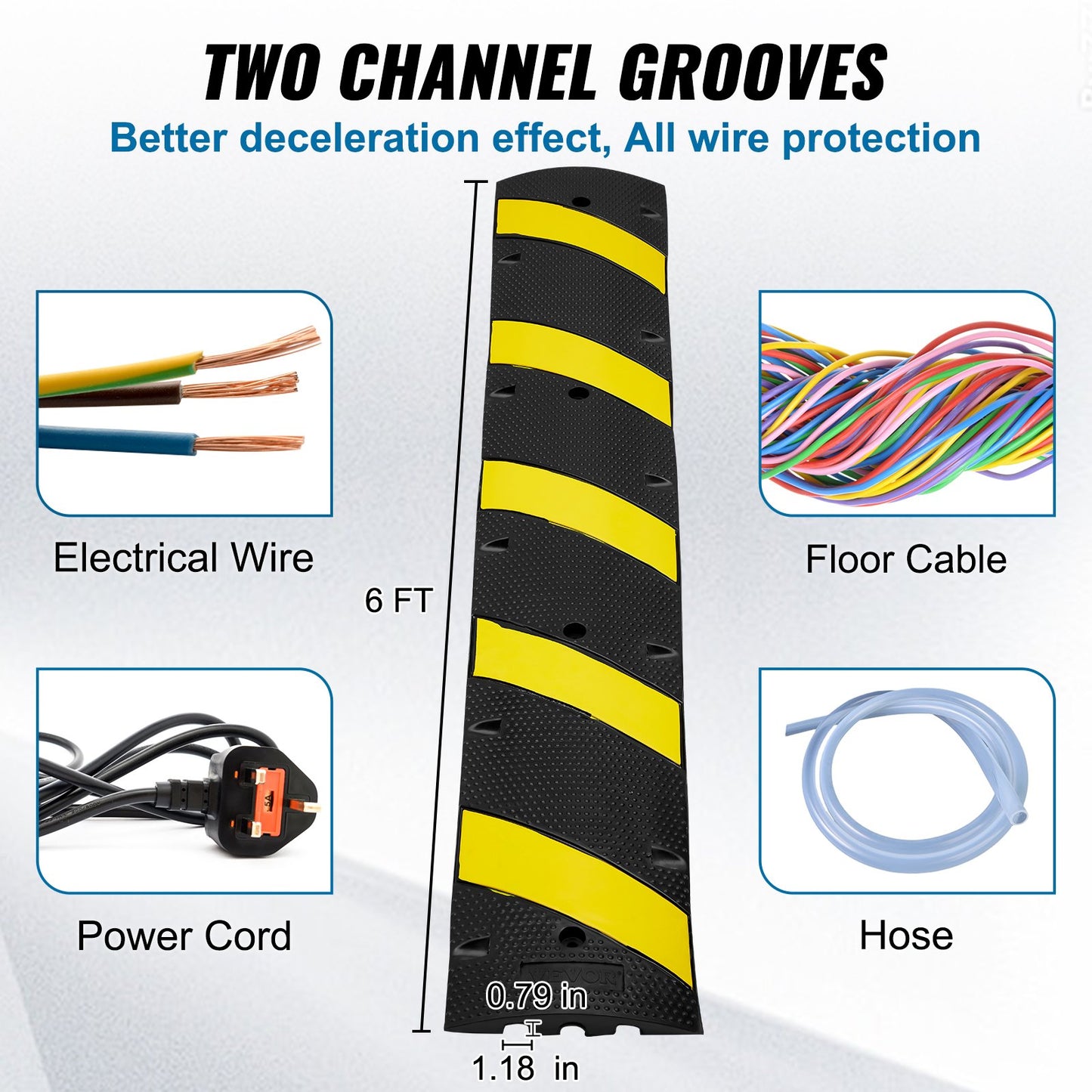 6 ft Rubber Speed Hump, 2 Channel, 10000 kg/axle Load Capacity Heavy Duty Traffic Speed Bump, with High Reflective Yellow Strip 4 Expansion Screws and 1 Drill, for Asphalt Concrete Gravel Roads - Image 3